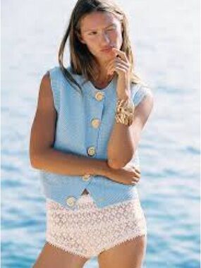 Zara Gold Shell Button Structured  Knit Vest - Baby Blue